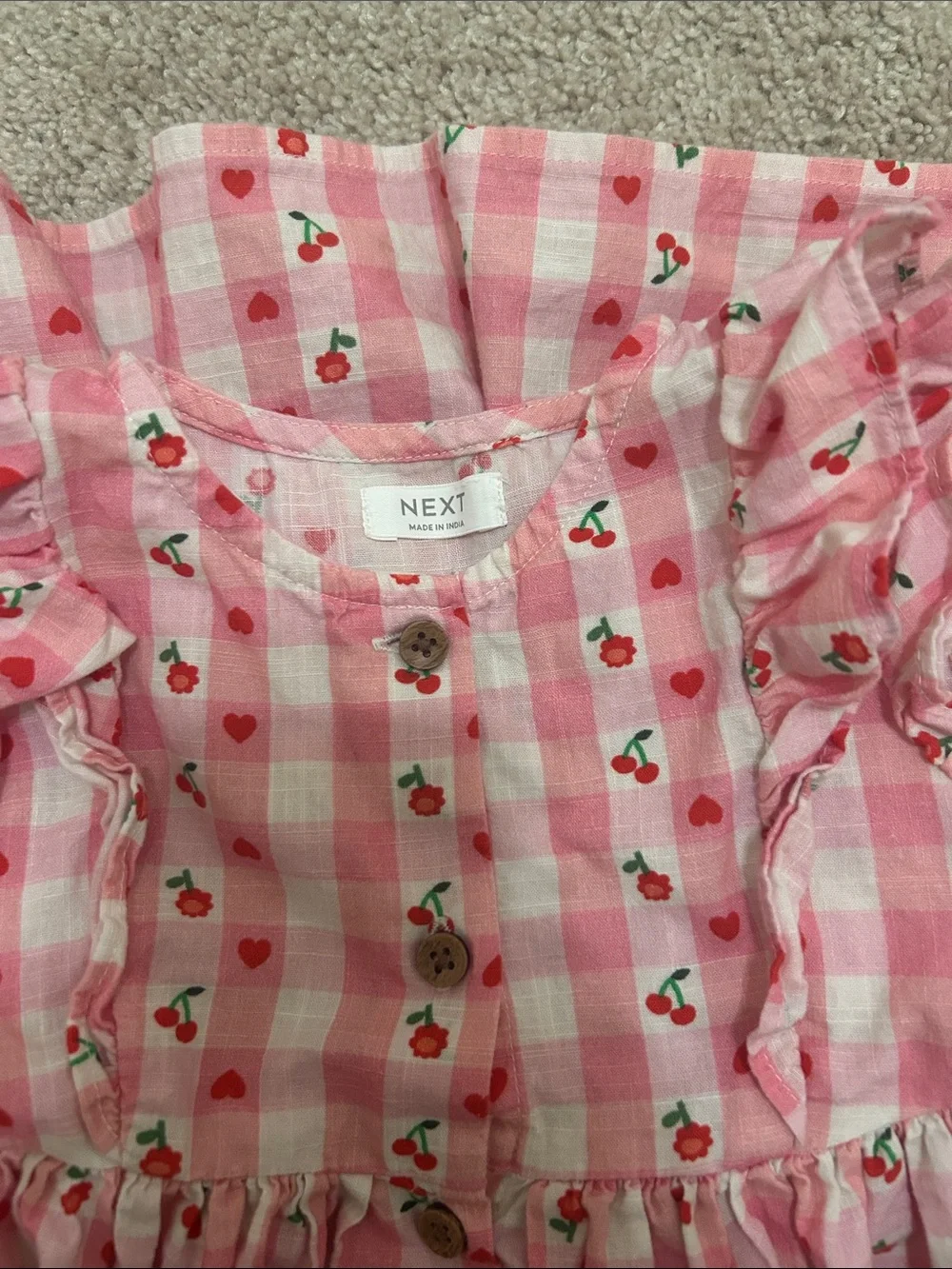 next | Dresses | Next Pink Gingham Dress With Cherry Print And Ruffle ...